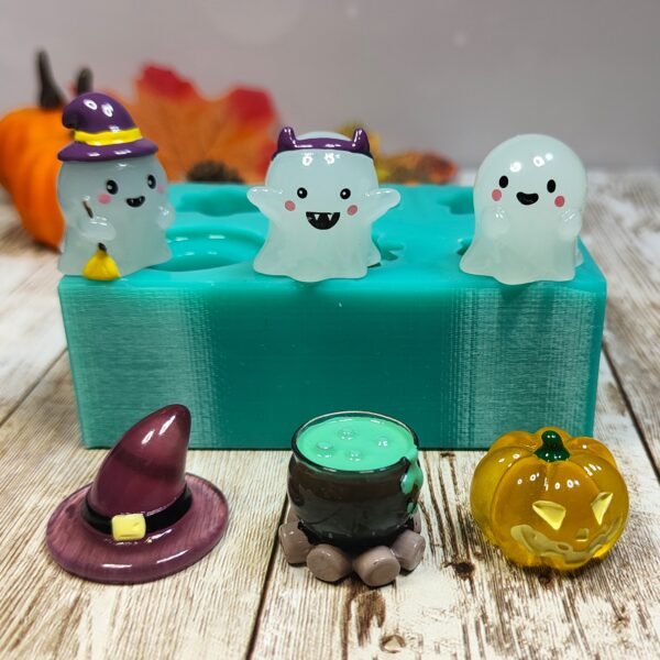 Stampo Halloween 3D set 6pz 2-3cm zucca, calderone, fantasmini, cappello strega in silicone per creazioni in resina, gesso, sapone e cera