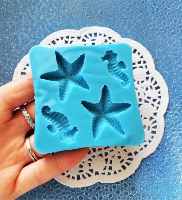 Stampo in silicone a tema marino, due cavallucci e due stelle marine per creazioni in resina e fimo