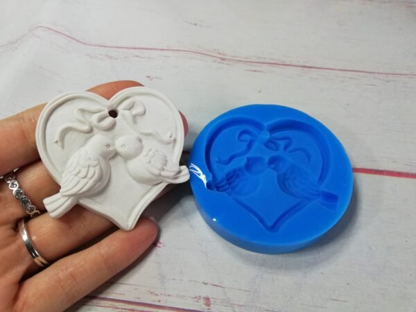 Stampo in silicone Cuore co Coppia di Uccellini per creazioni in resina e gesso - immagine 5