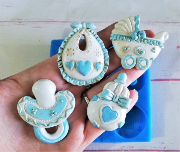 Stampo in silicone Biberon, Bavetta, Passeggino e Ciuccio per creazioni in resina e gesso