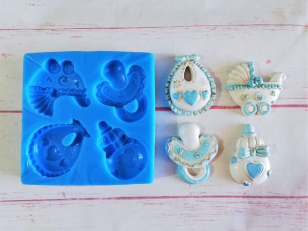 Stampo in silicone Biberon, Bavetta, Passeggino e Ciuccio per creazioni in resina e gesso - immagine 4